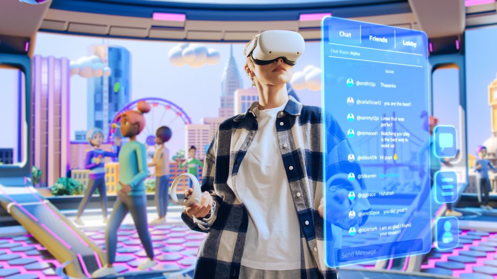 Young Creative Female Wearing a Virtual Reality Headset at Home.